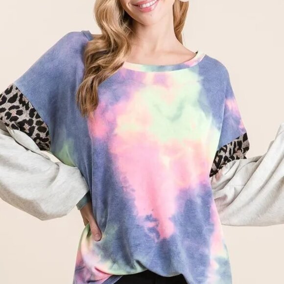 ✨NWT BiBi Tie Dye Terry Top with Contrast Puff Sleeves - Picture 1 of 9